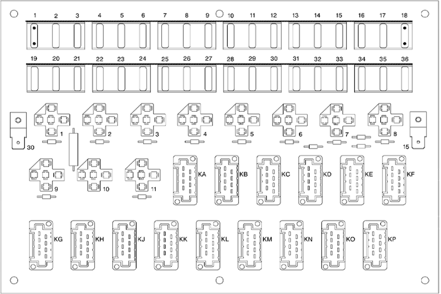 Блок предохранителей грузовиков Вольво до 1998 года Predohraniteli Vol'vo, staraja jelektricheskaja sistema.