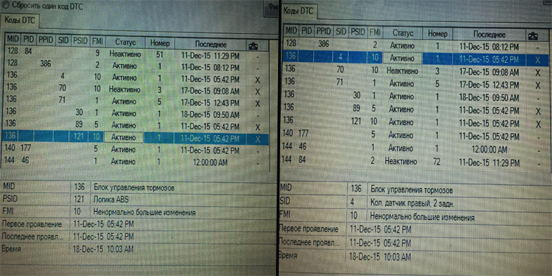 Две активные ошибки по тормозной системе. Aktivnye oshibki po ABS