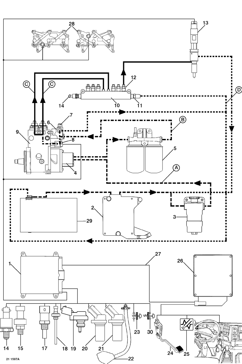 На этой схеме указаны все компоненты топливной системы Common Rail. Renault Premium DCI